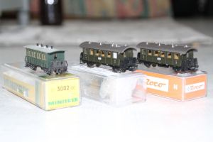3 Personenwaggons Spur N Kgl.bay.Sts.B., 1 x OVP, 2 x EVP